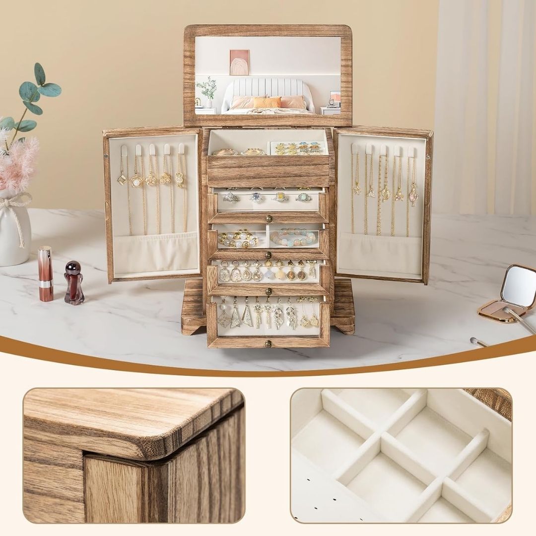 Sophie – Luxe houten sieradendoos met spiegel en lades