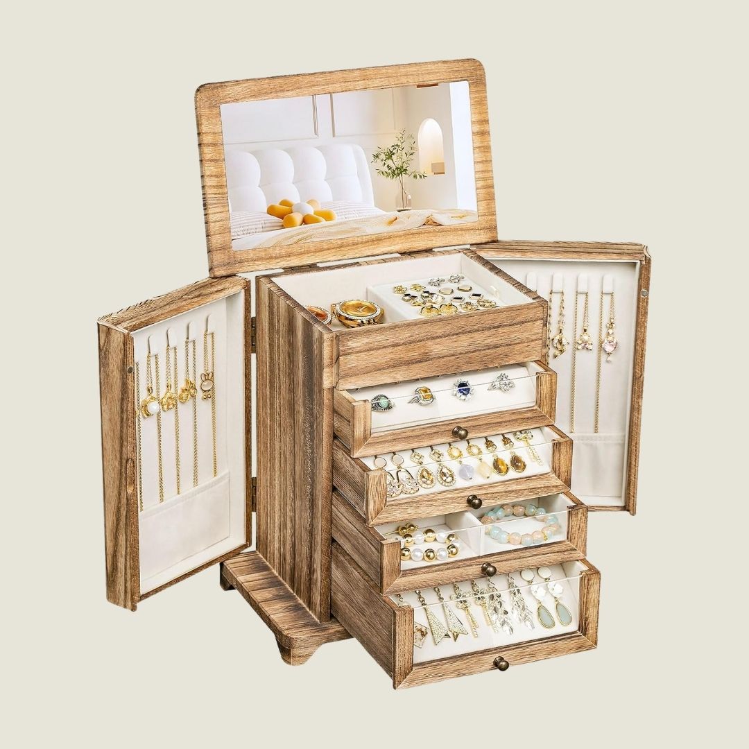 Sophie – Luxe houten sieradendoos met spiegel en lades