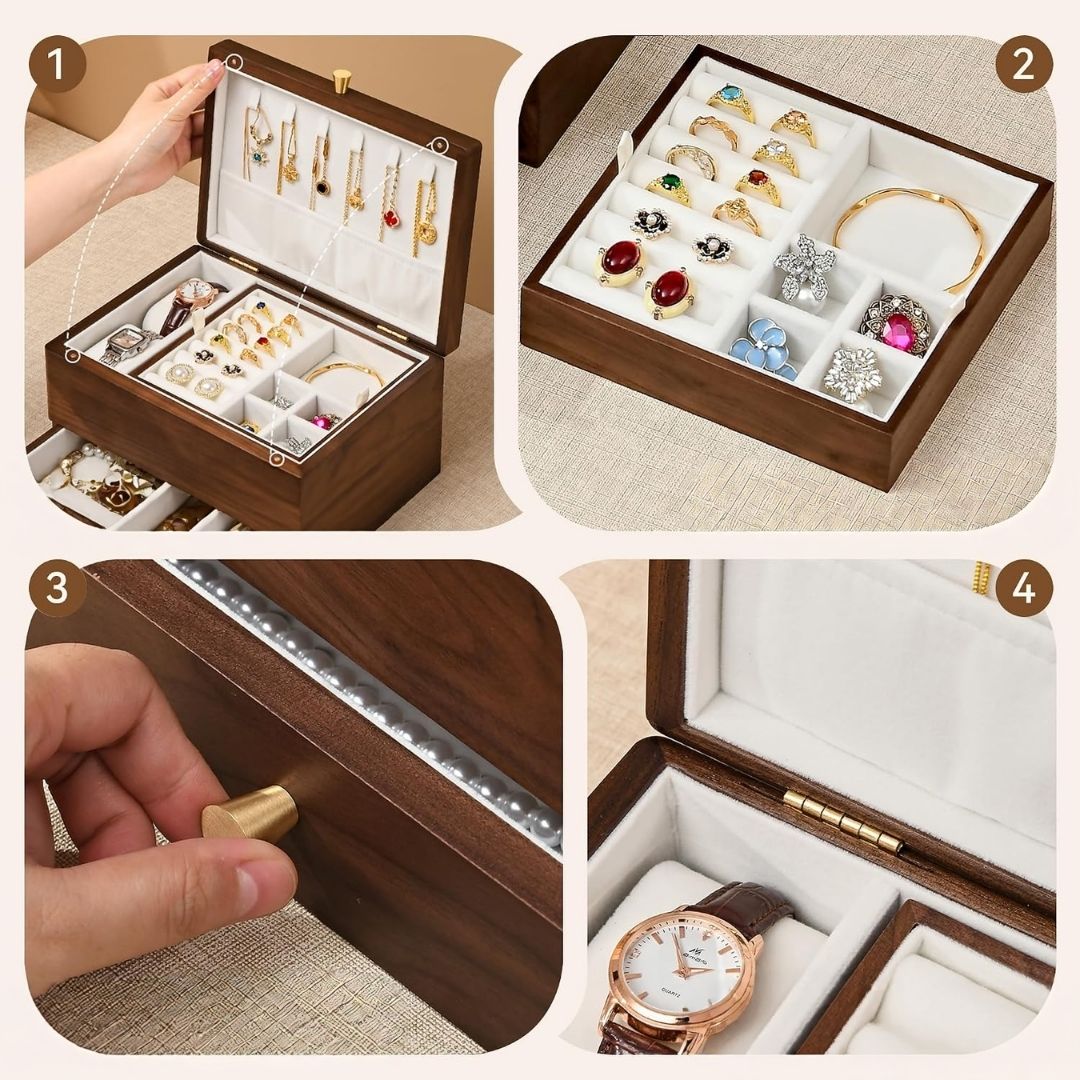 Ruben – Luxe houten sieradendoos met 2 lagen en lade