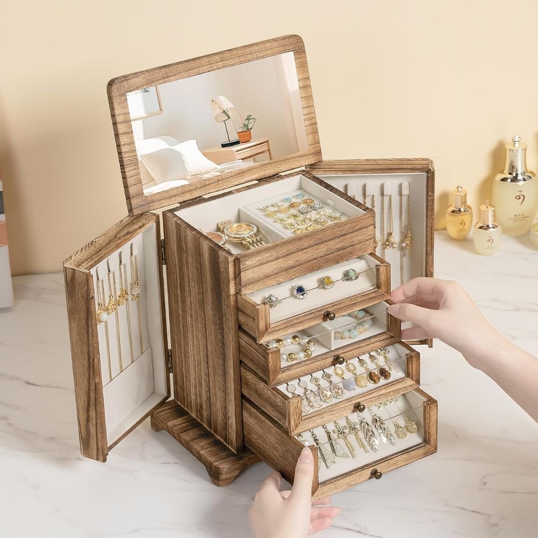 Sophie – Luxe houten sieradendoos met spiegel en lades
