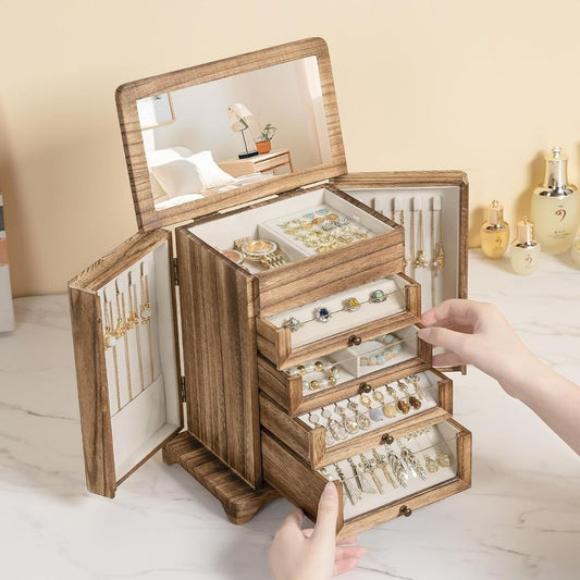 Sophie – Luxe houten sieradendoos met spiegel en lades