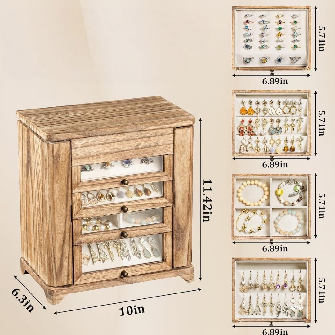 Sophie – Luxe houten sieradendoos met spiegel en lades