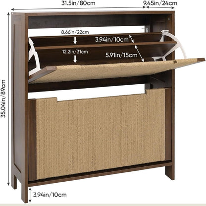 Sven – Stijlvolle houten schoenenkast met geweven rotan details